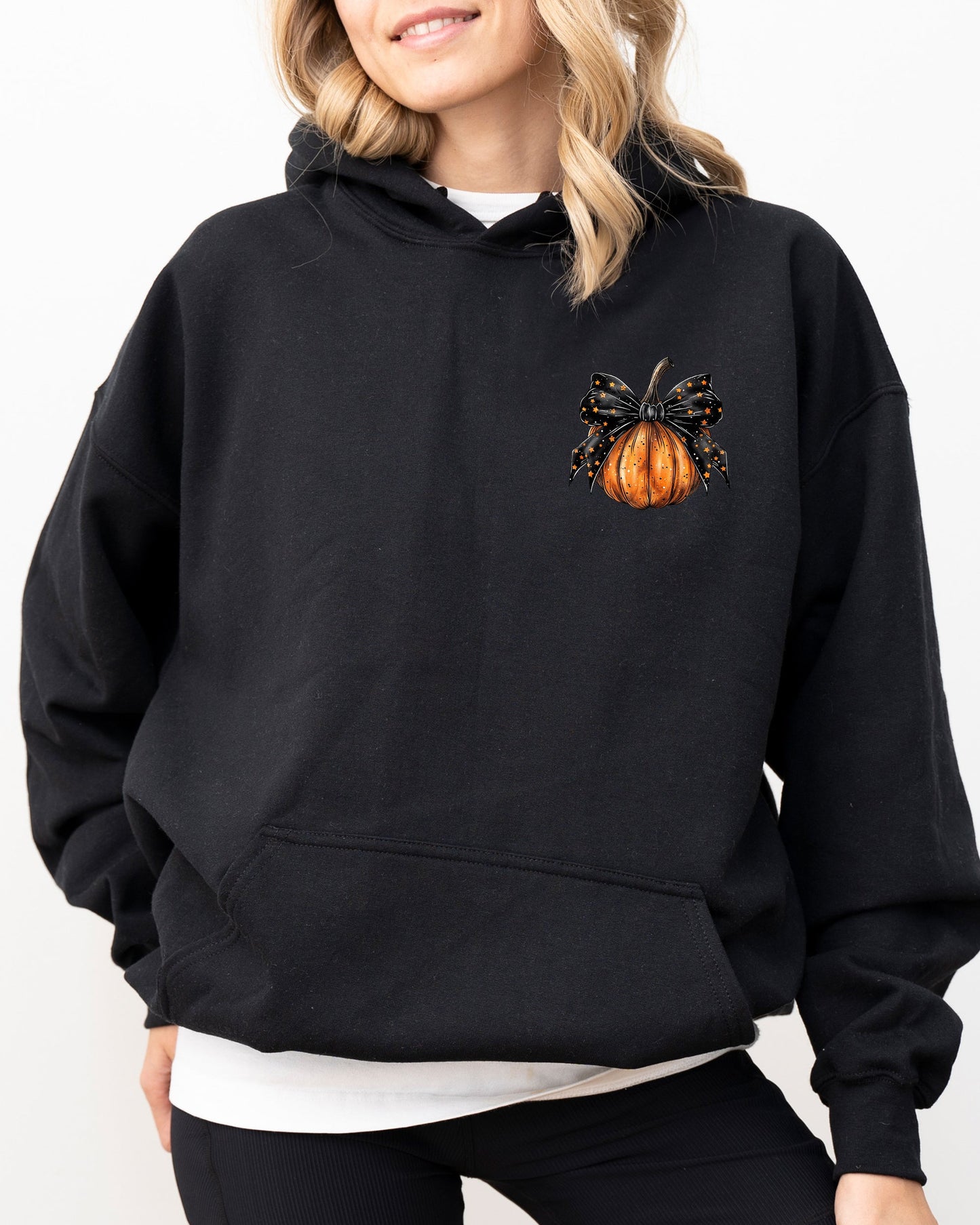 Halloween Pumpkin Ribbon Pocket Print Autumn Hooded Sweatshirt Coquette