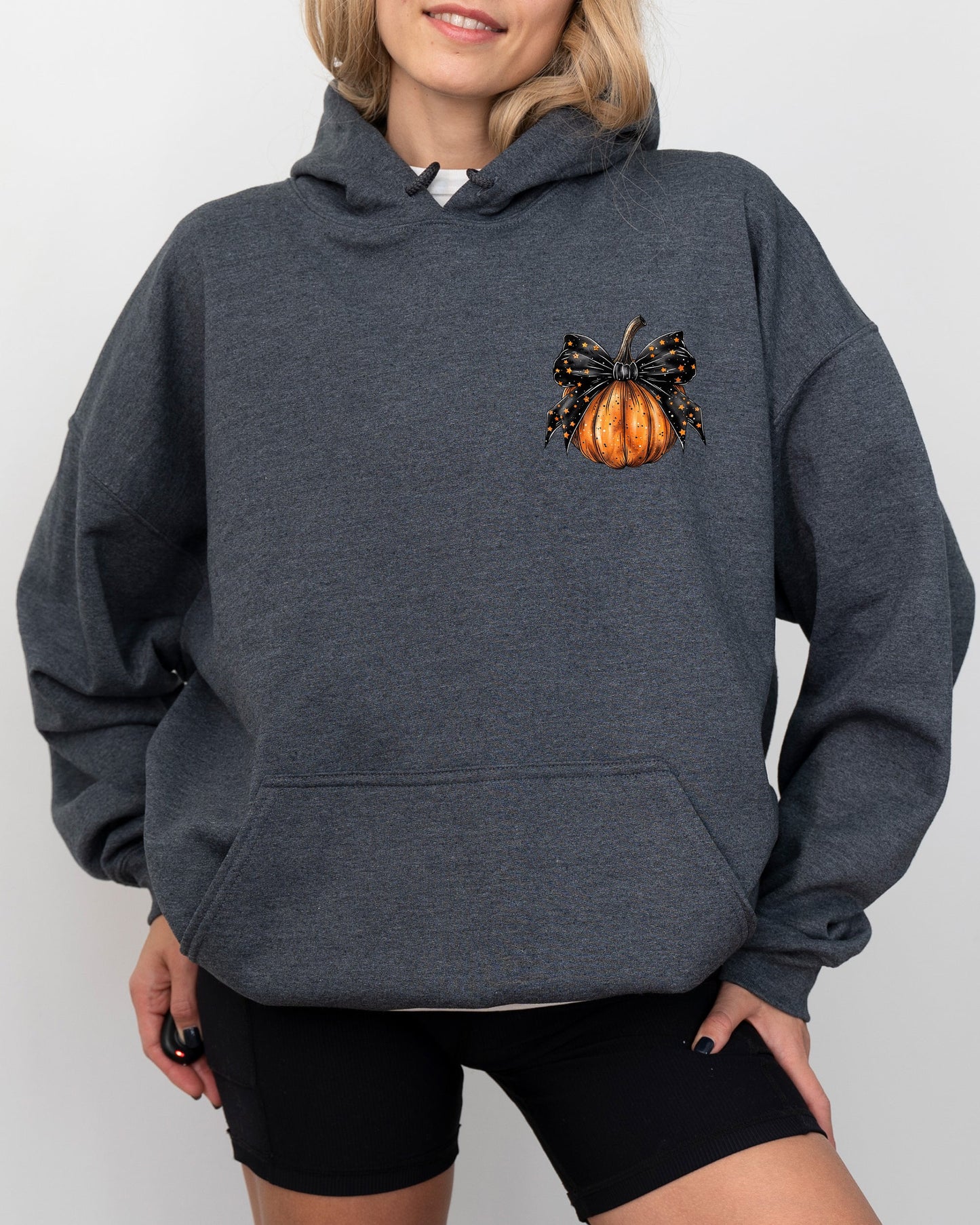Halloween Pumpkin Ribbon Pocket Print Autumn Hooded Sweatshirt Coquette