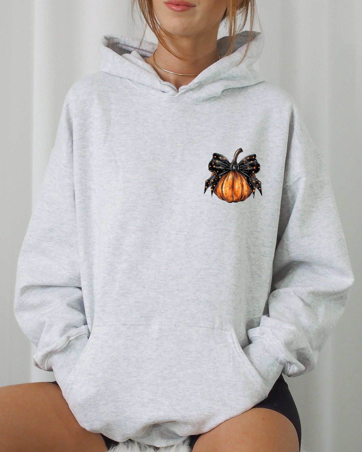 Halloween Pumpkin Ribbon Pocket Print Autumn Hooded Sweatshirt Coquette