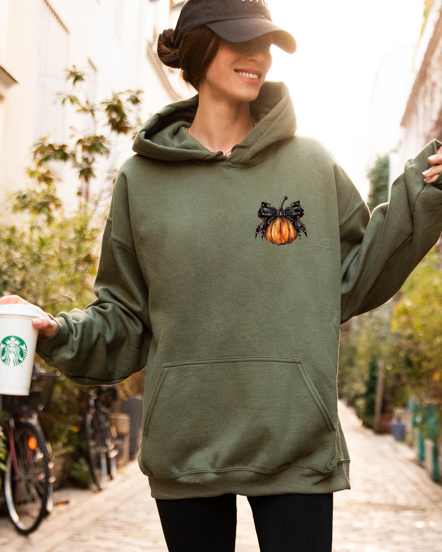 Halloween Pumpkin Ribbon Pocket Print Autumn Hooded Sweatshirt Coquette