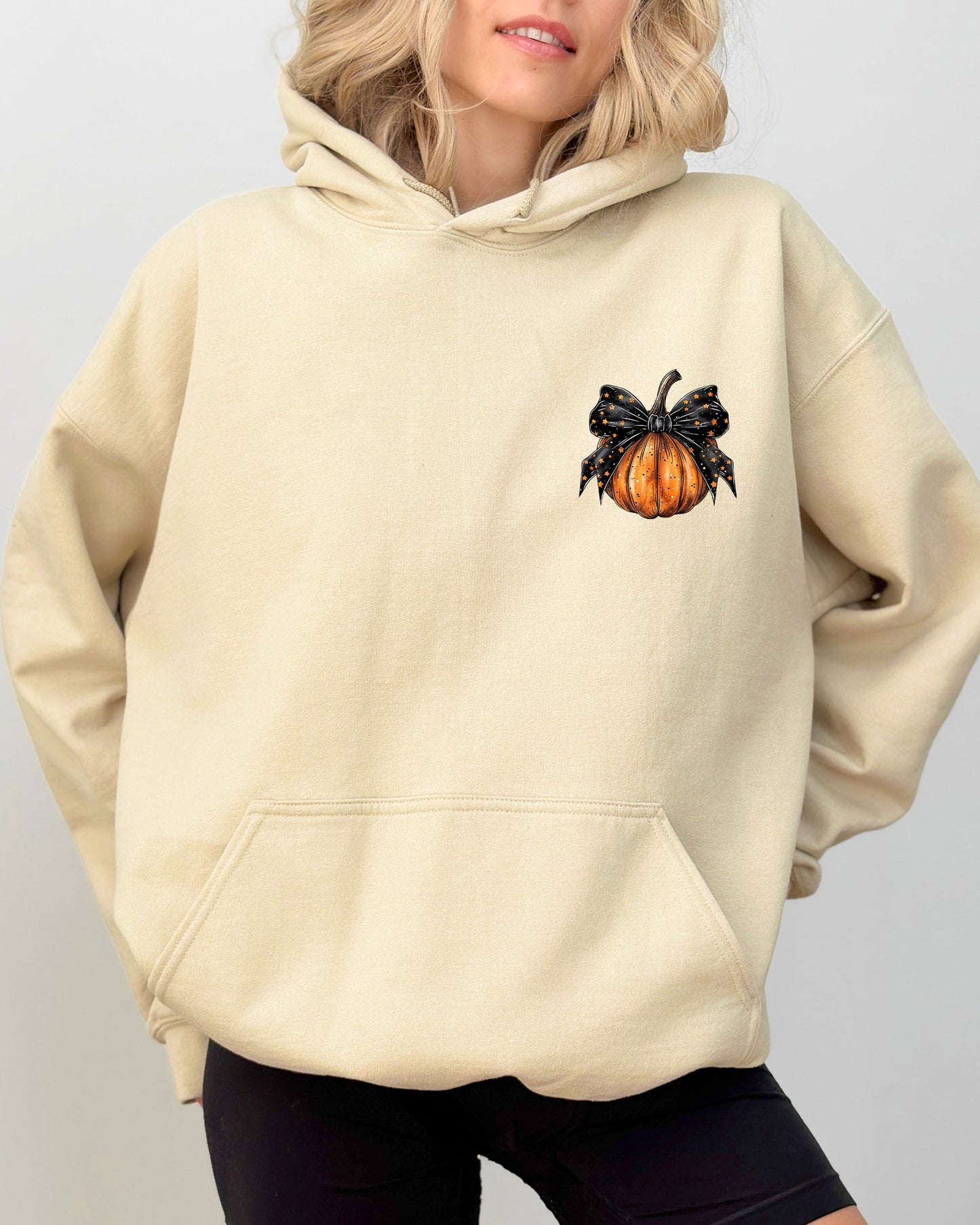 Halloween Pumpkin Ribbon Pocket Print Autumn Hooded Sweatshirt Coquette