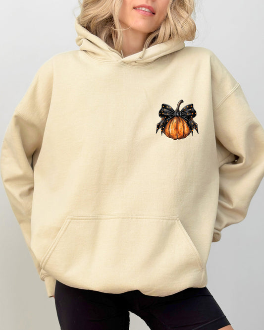 Halloween Pumpkin Ribbon Pocket Print Autumn Hooded Sweatshirt Coquette