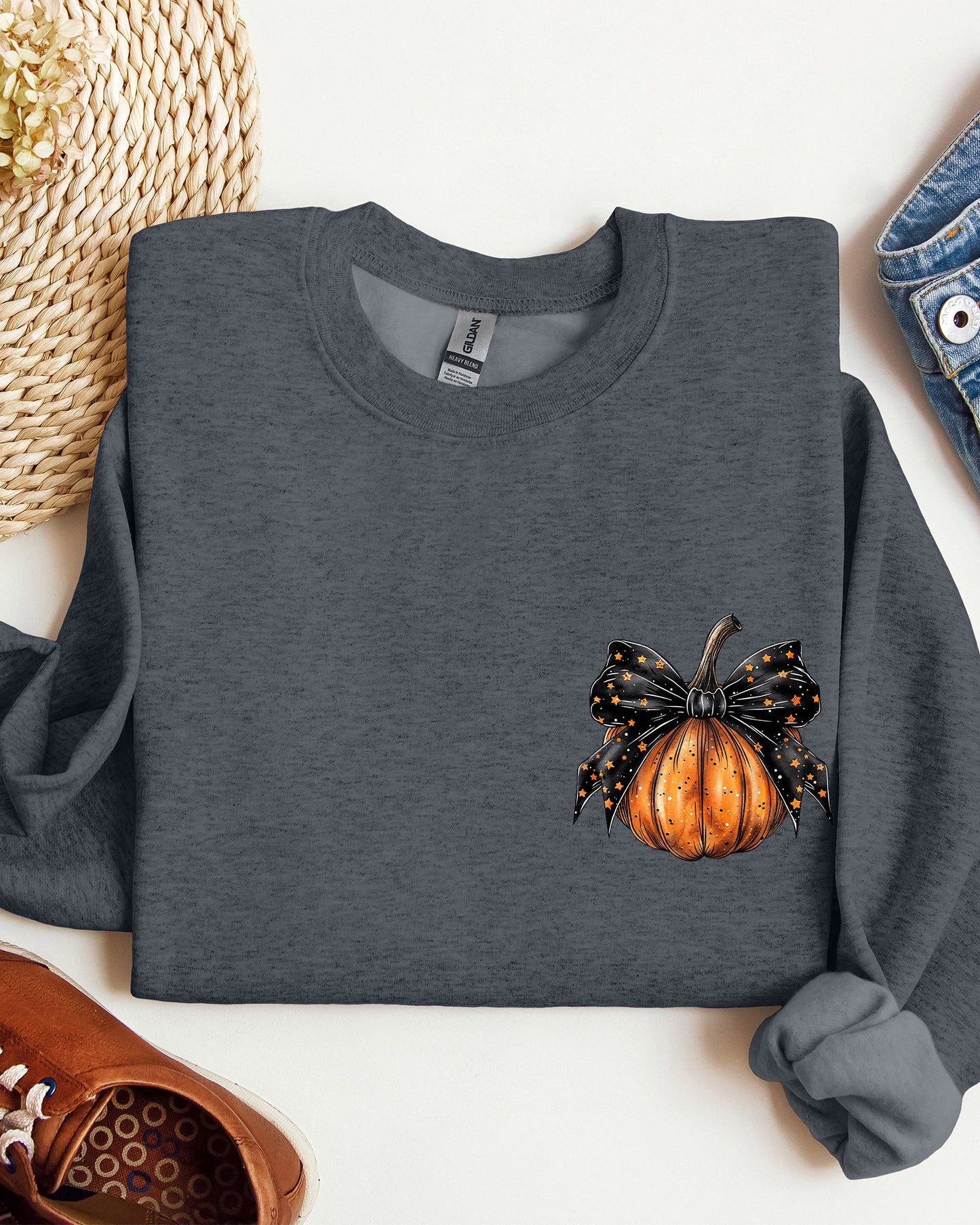 Halloween Pumpkin Ribbon Pocket Print Sweatshirt Coquette
