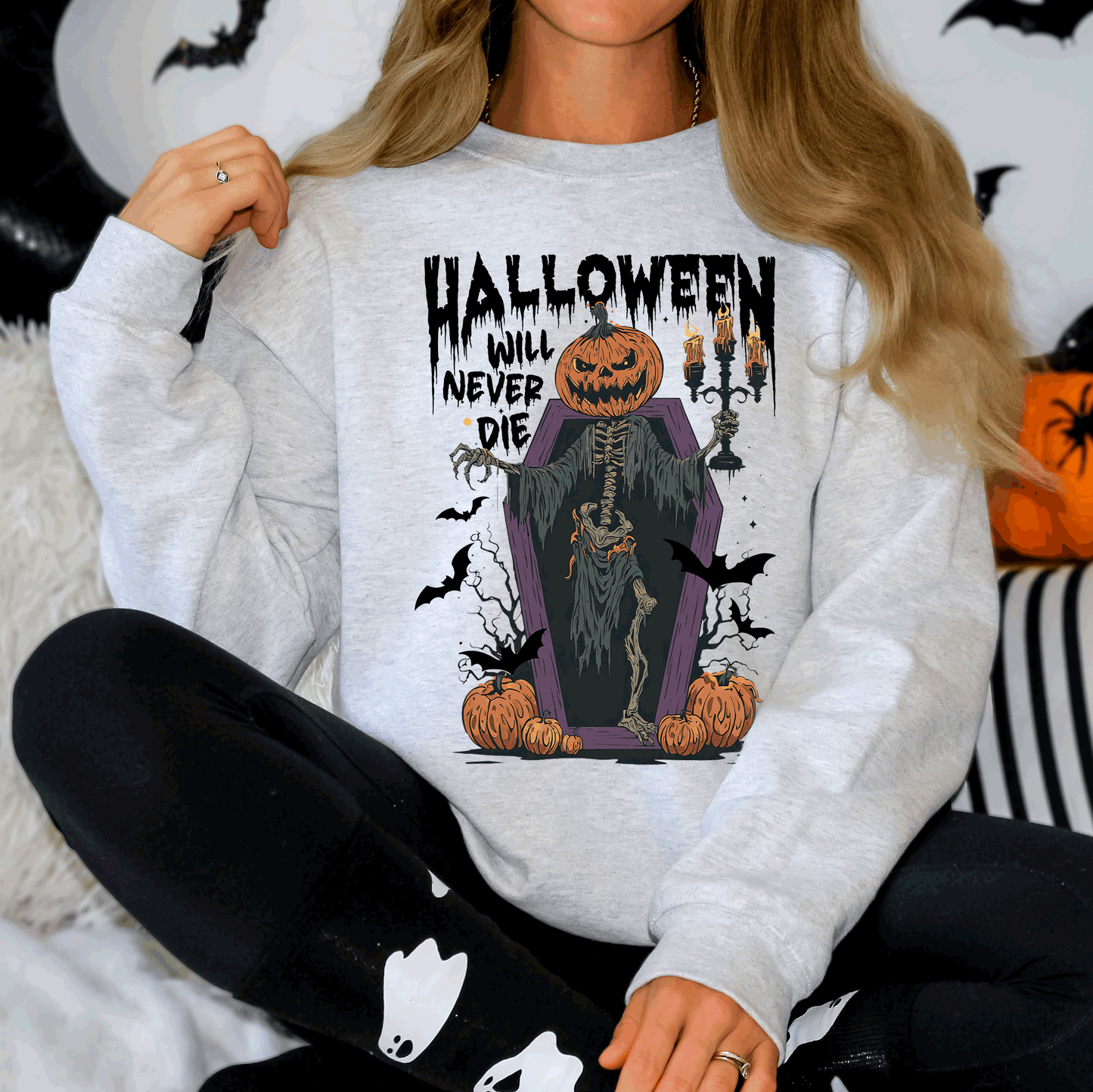 Halloween Will Never Die Spooky Jack o Lantern Pumpkin Sweatshirt Refinery Number One
