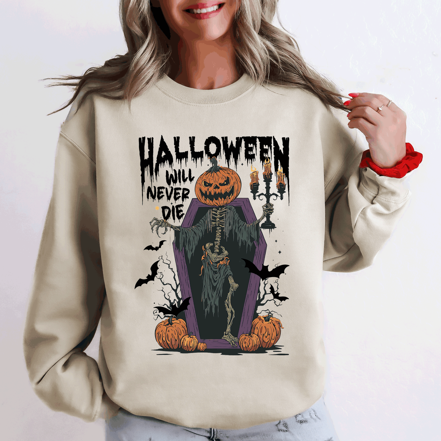 Halloween Will Never Die Spooky Jack o Lantern Pumpkin Sweatshirt Refinery Number One