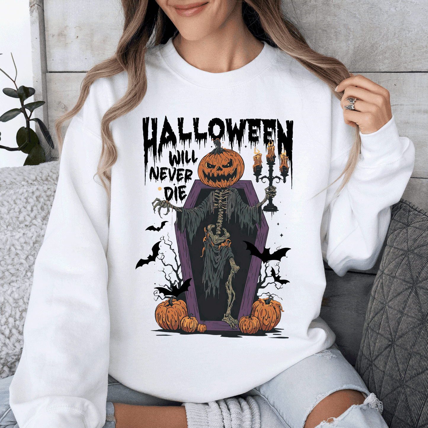 Halloween Will Never Die Spooky Jack o Lantern Pumpkin Sweatshirt Refinery Number One