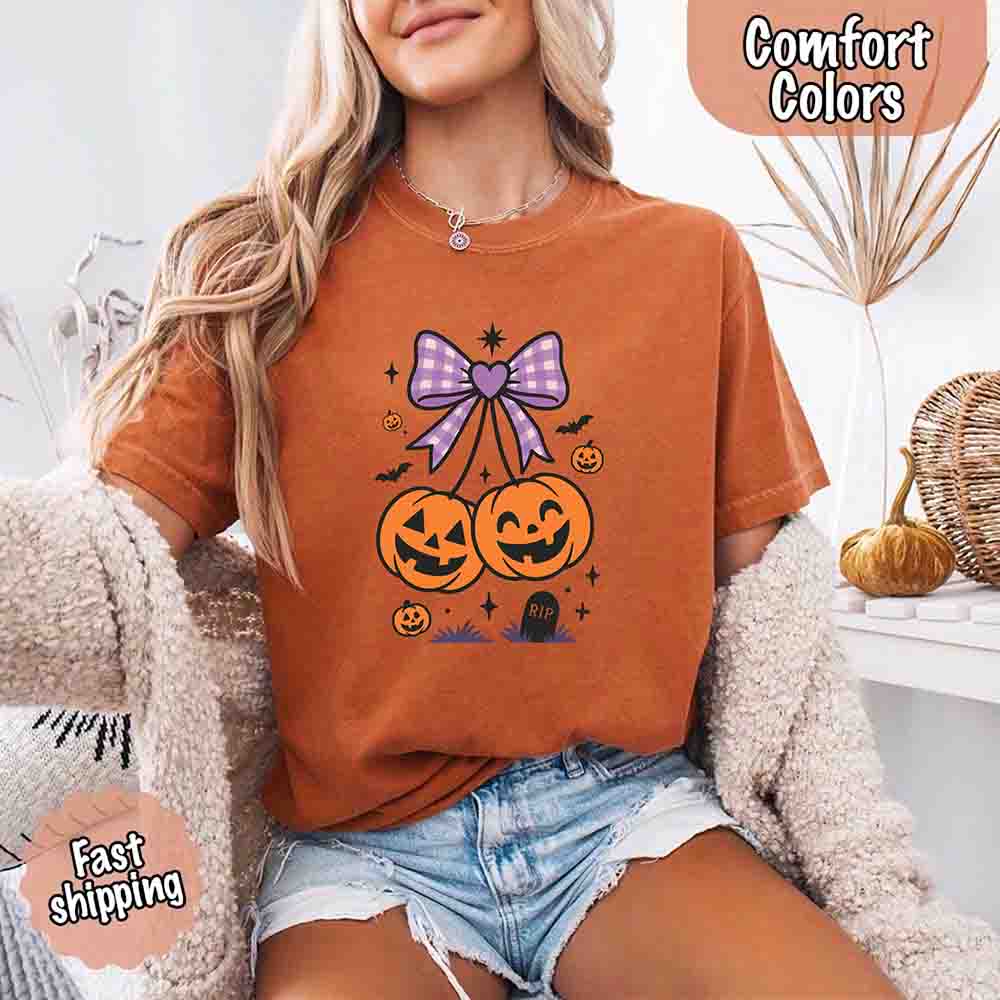 Halloween Cherries Comfort Colors Pumpkin Shirt Trendy Tee