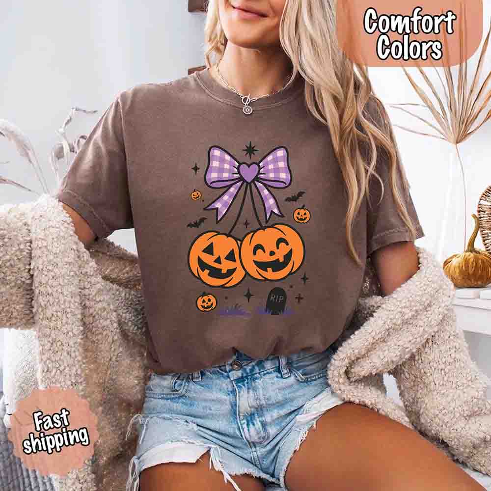Halloween Cherries Comfort Colors Pumpkin Shirt Trendy Tee