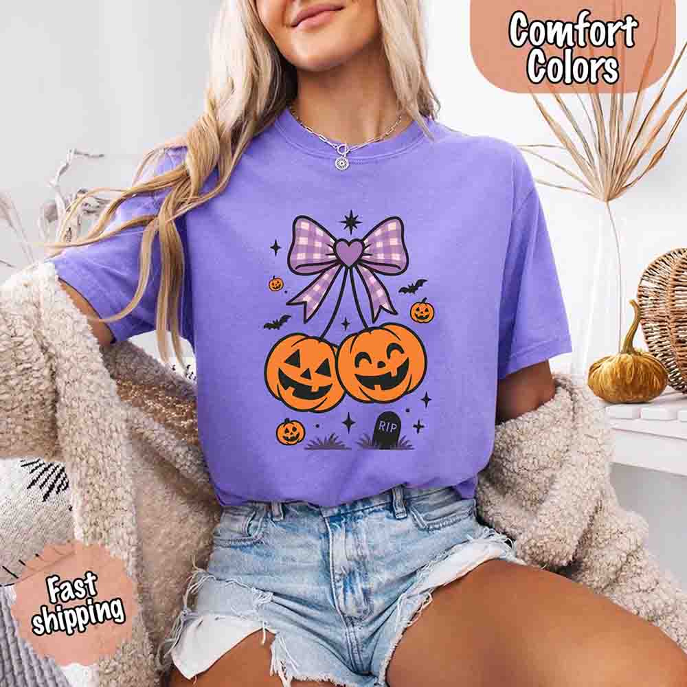 Halloween Cherries Comfort Colors Pumpkin Shirt Trendy Tee