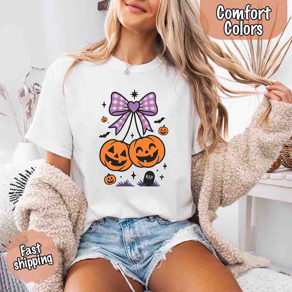 Halloween Cherries Comfort Colors Pumpkin Shirt Trendy Tee