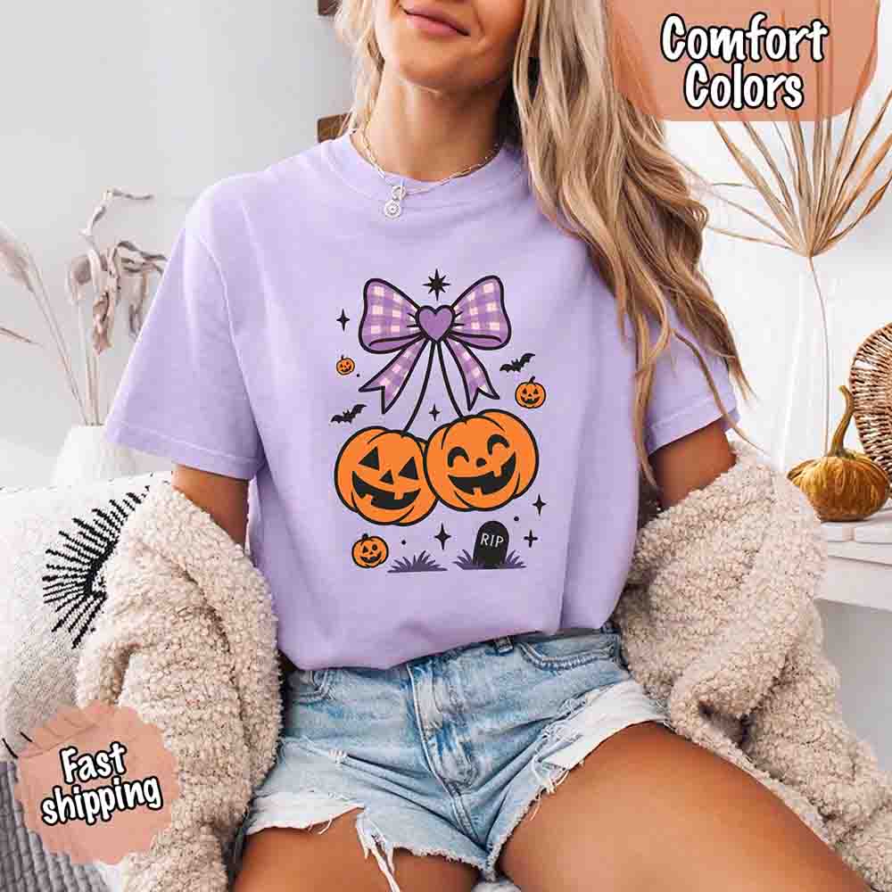 Halloween Cherries Comfort Colors Pumpkin Shirt Trendy Tee