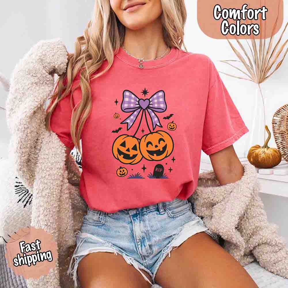 Halloween Cherries Comfort Colors Pumpkin Shirt Trendy Tee