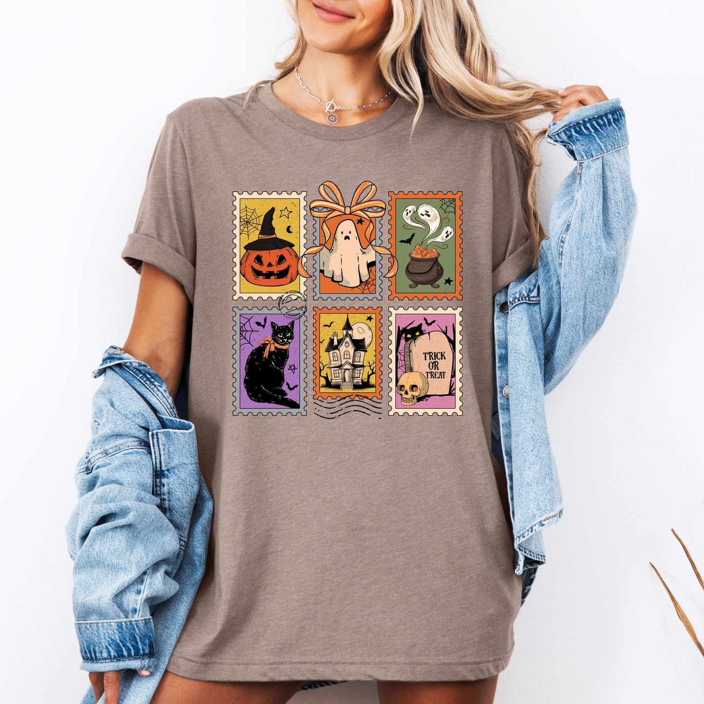 Halloween Classic T-shirt with Ghost Black Cat Pumpkin Witch Design