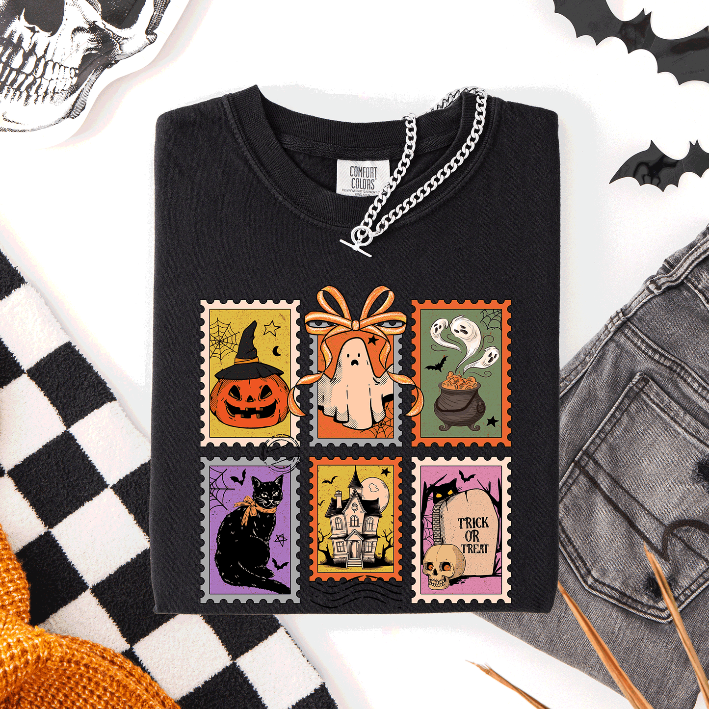 Halloween Classic Comfort Colors T-Shirt with Ghost Black Cat Pumpkin Witch