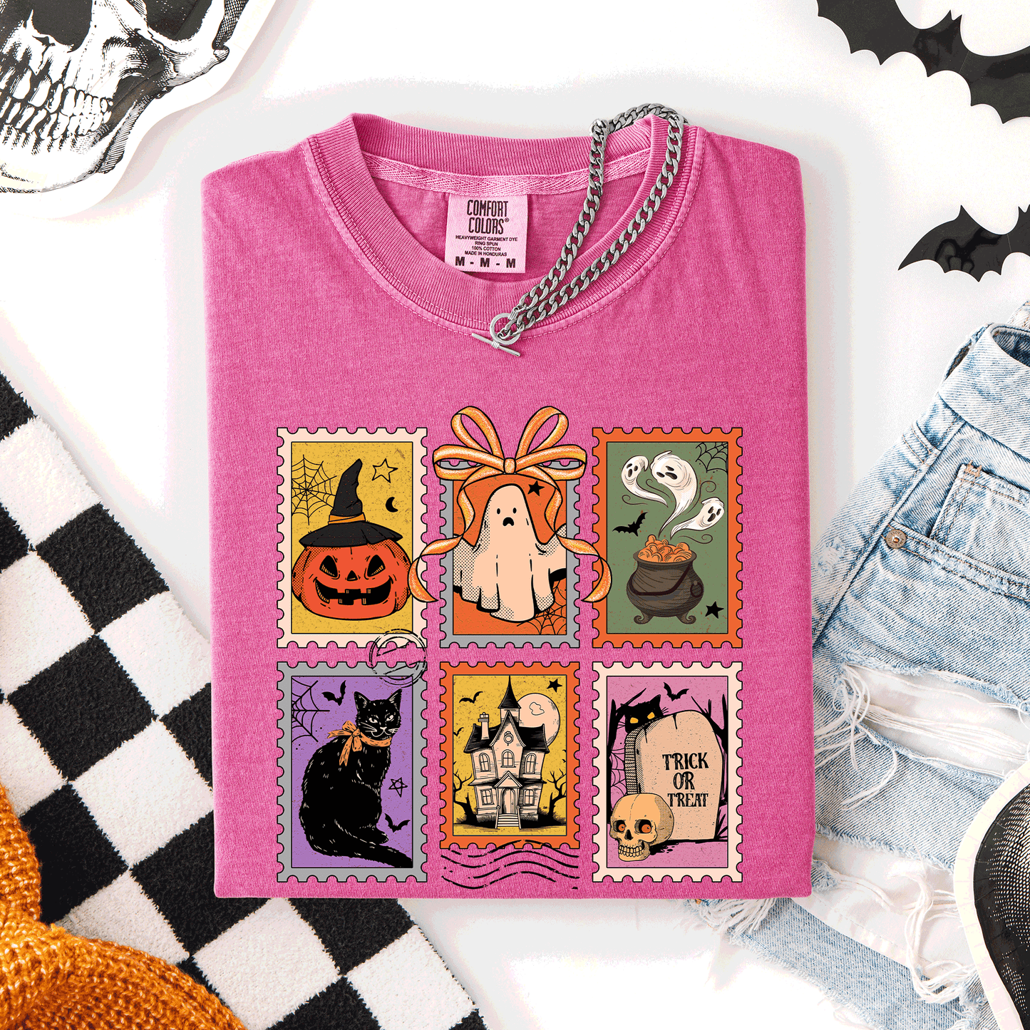 Halloween Classic Comfort Colors T-Shirt with Ghost Black Cat Pumpkin Witch