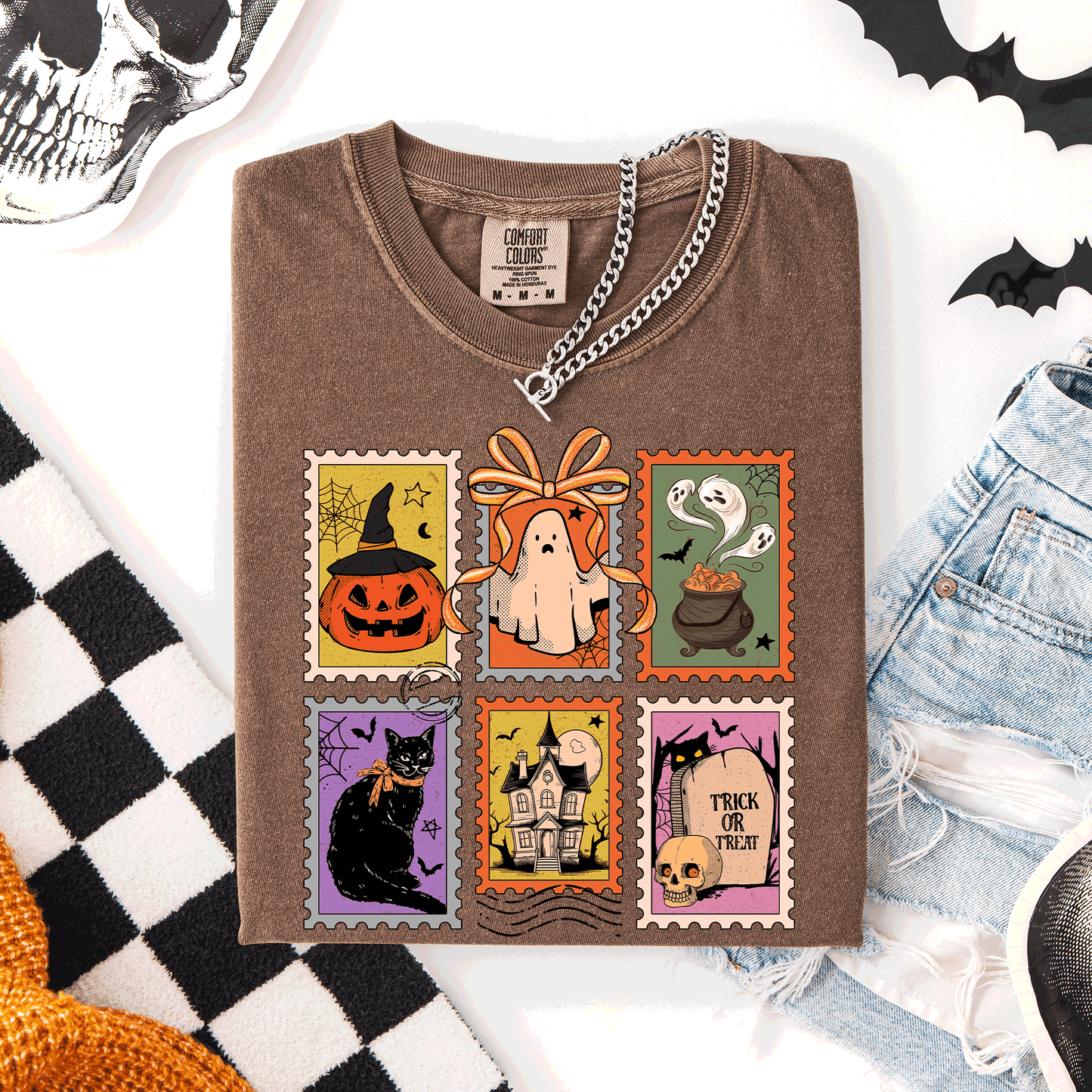 Halloween Classic Comfort Colors T-Shirt with Ghost Black Cat Pumpkin Witch