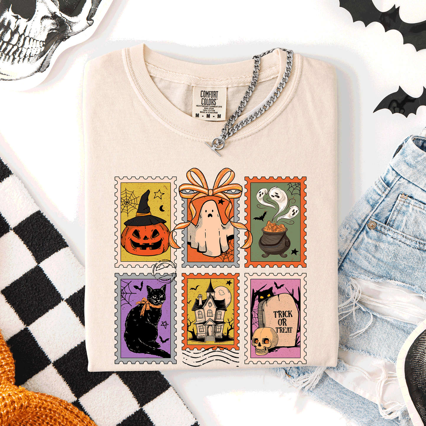 Halloween Classic Comfort Colors T-Shirt with Ghost Black Cat Pumpkin Witch