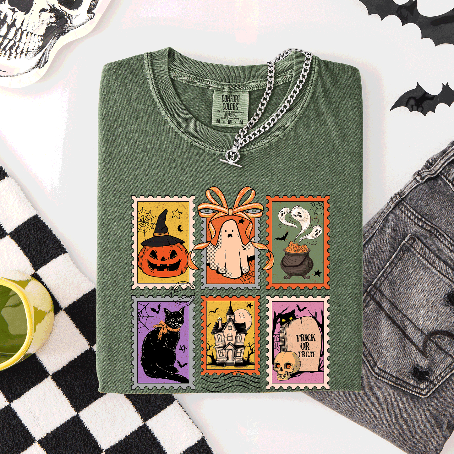 Halloween Classic Comfort Colors T-Shirt with Ghost Black Cat Pumpkin Witch