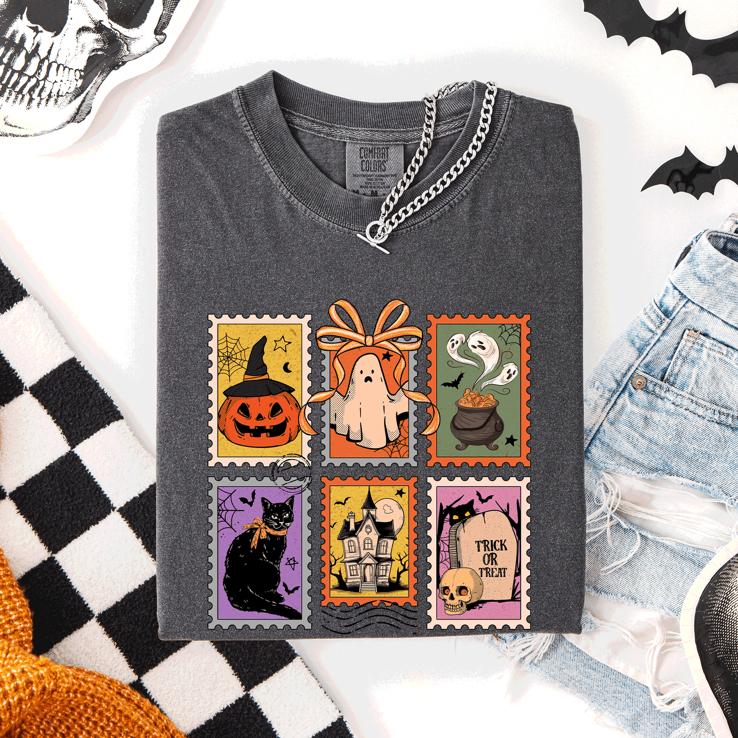 Halloween Classic Comfort Colors T-Shirt with Ghost Black Cat Pumpkin Witch
