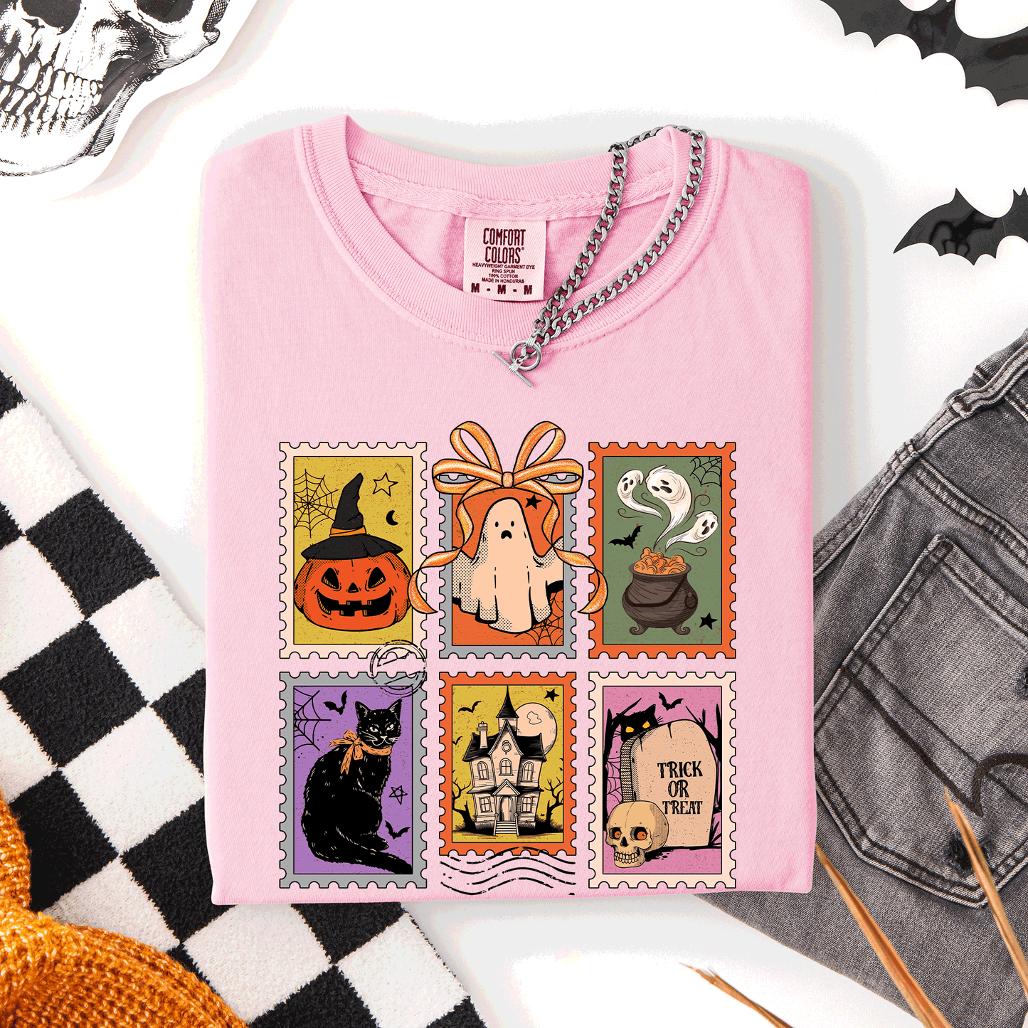 Halloween Classic Comfort Colors T-Shirt with Ghost Black Cat Pumpkin Witch