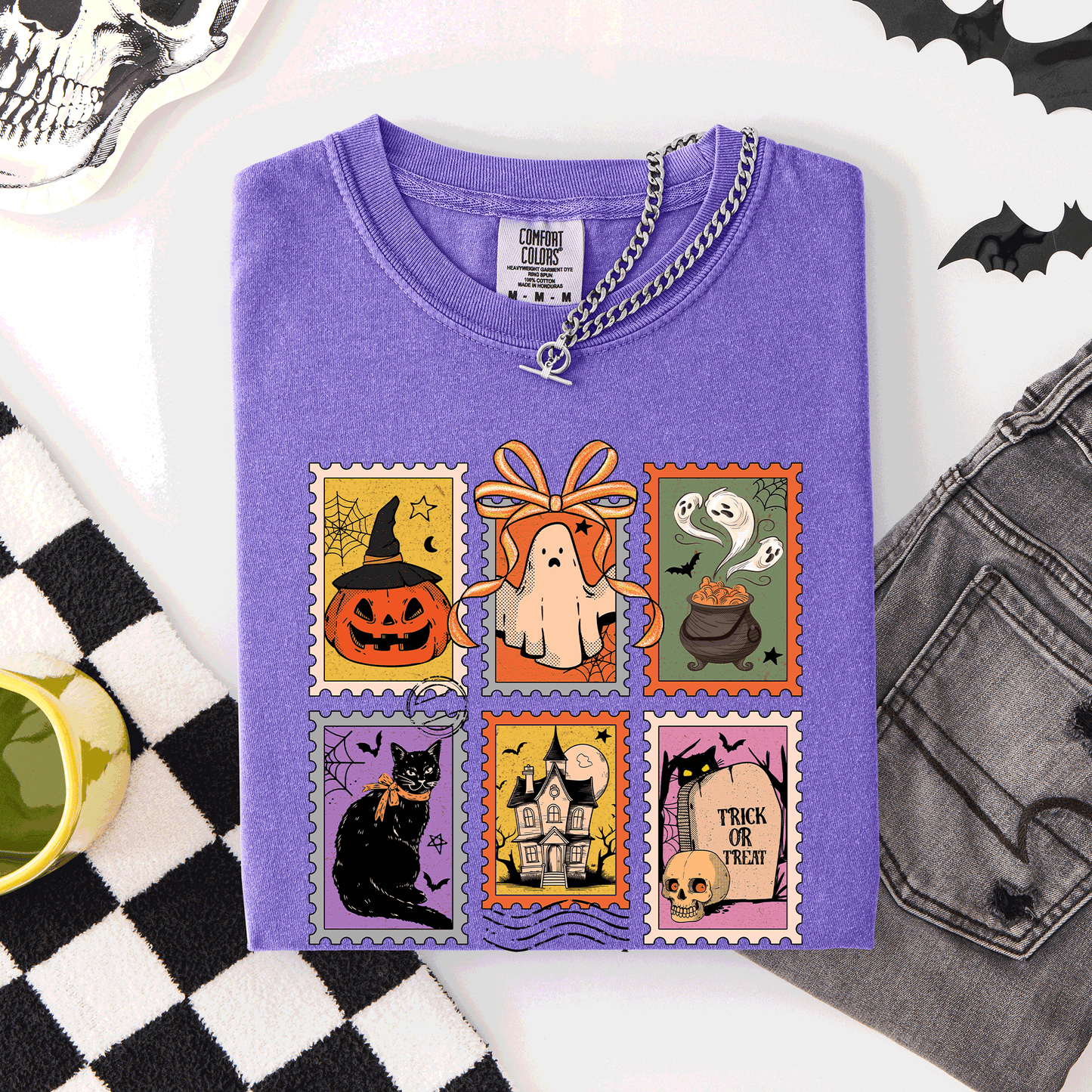 Halloween Classic Comfort Colors T-Shirt with Ghost Black Cat Pumpkin Witch