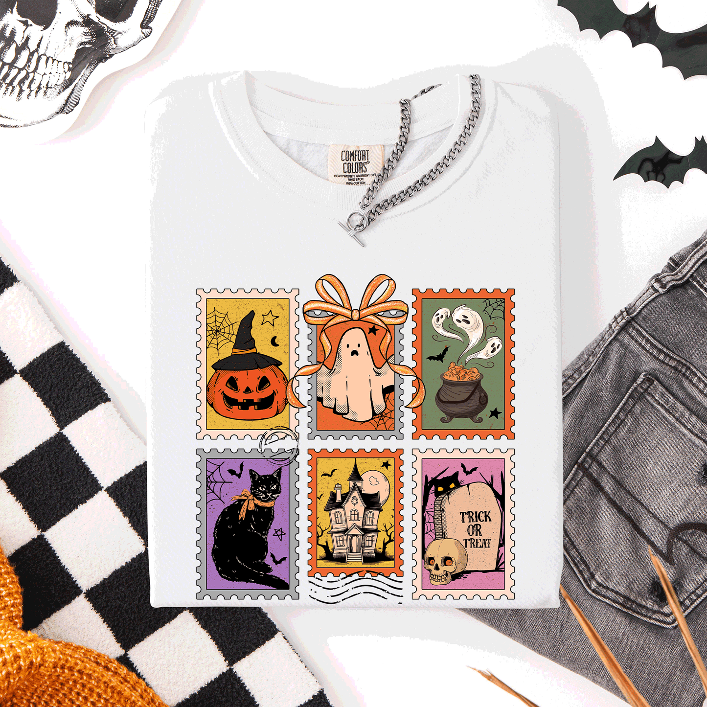 Halloween Classic Comfort Colors T-Shirt with Ghost Black Cat Pumpkin Witch