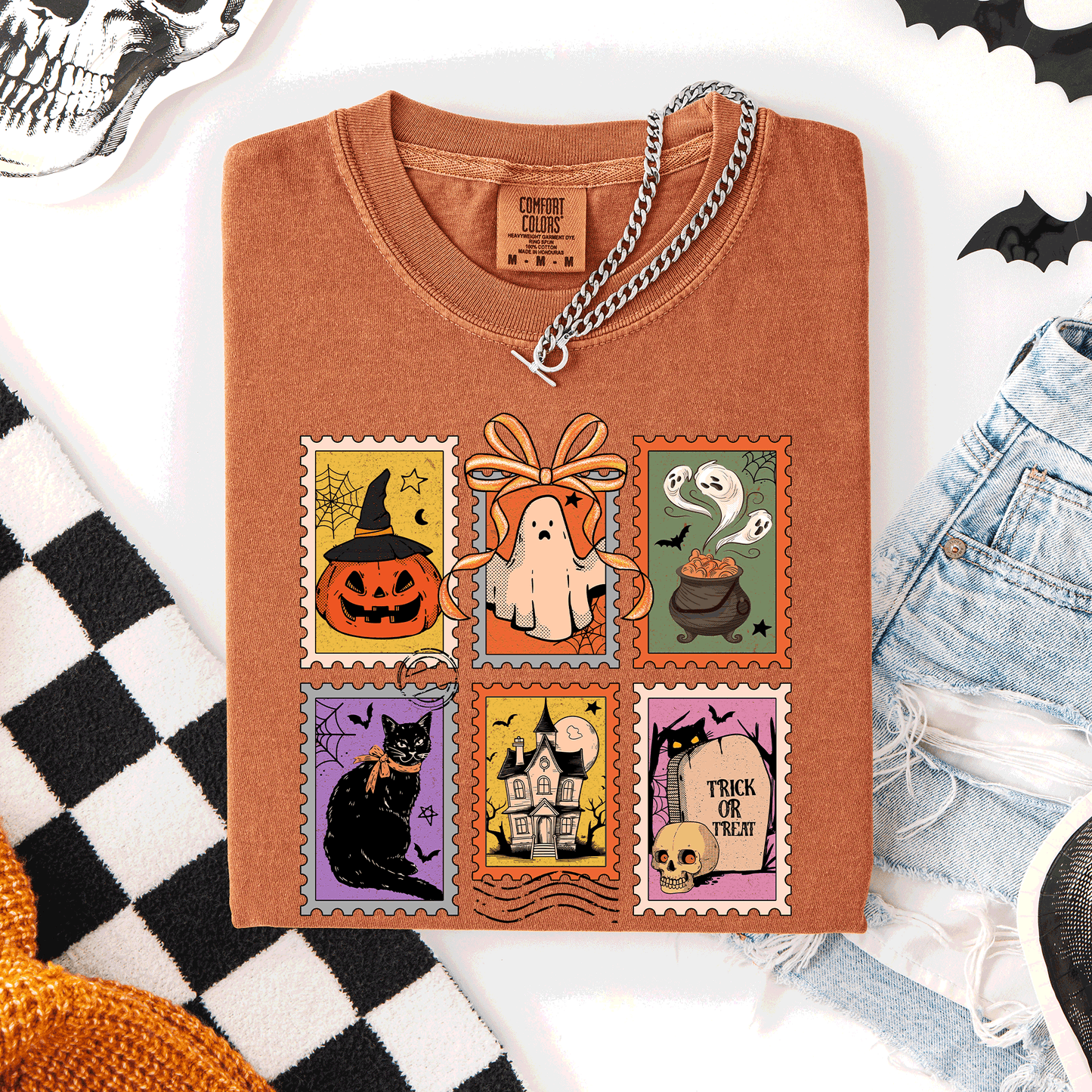 Halloween Classic Comfort Colors T-Shirt with Ghost Black Cat Pumpkin Witch
