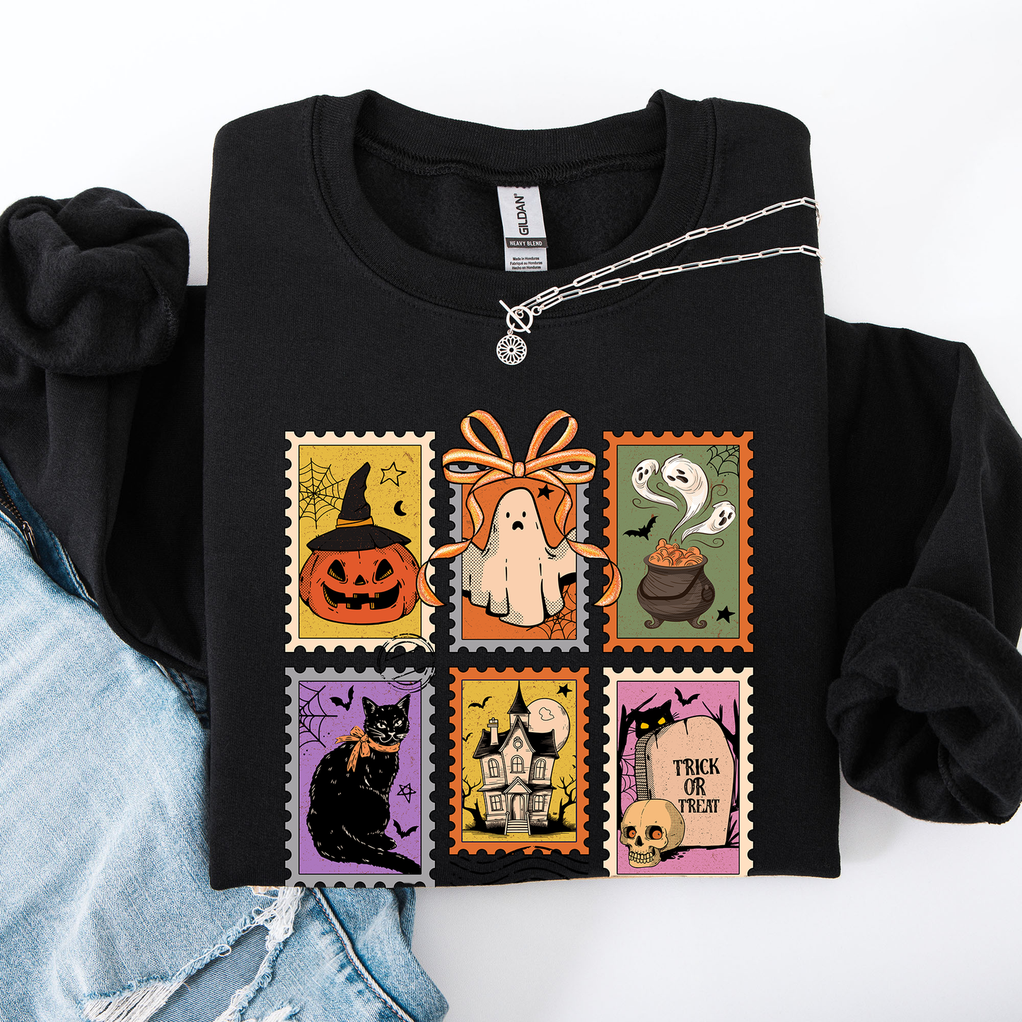 Halloween Classic Sweatshirt with Ghost, Black Cat, Pumpkin & Witch Design