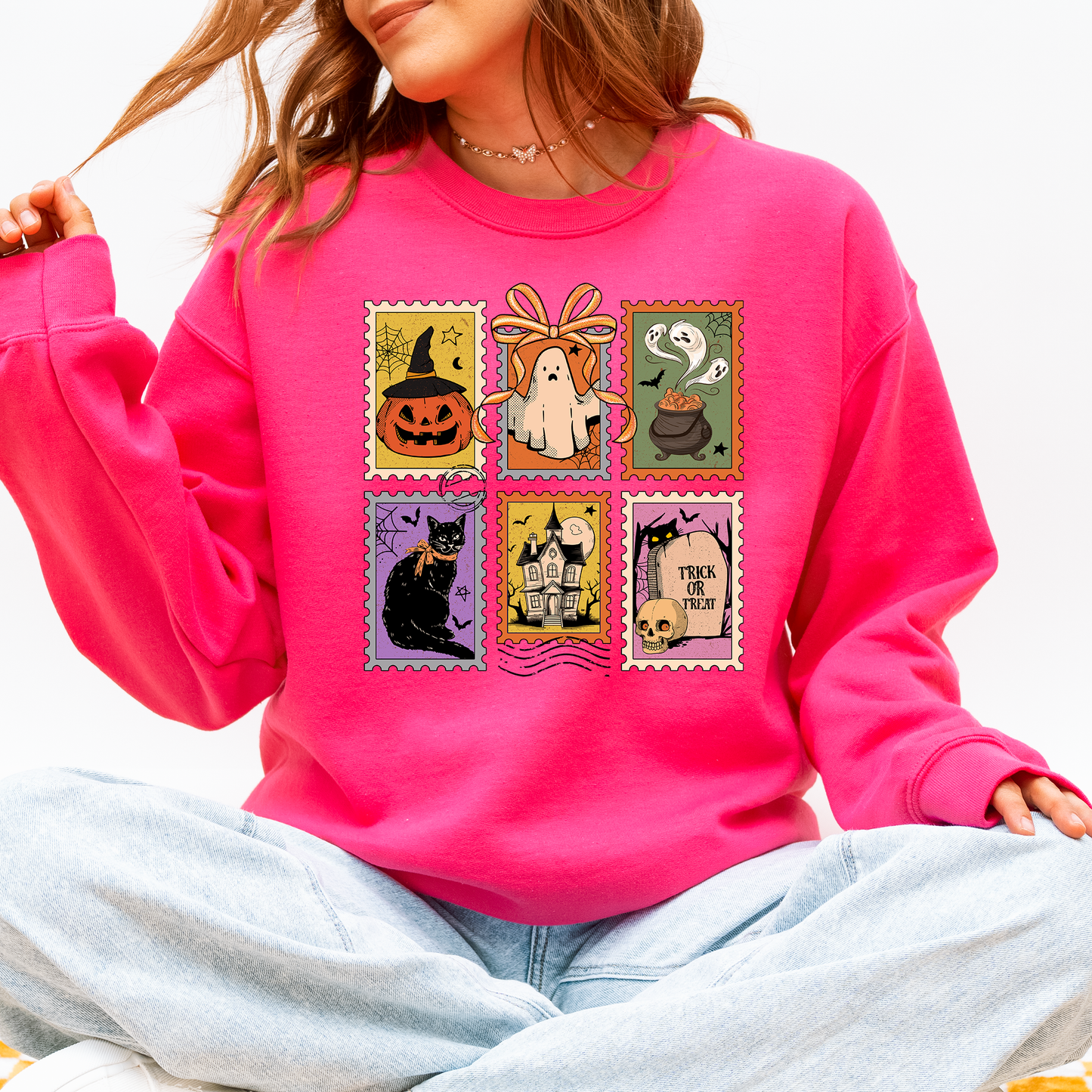 Halloween Classic Sweatshirt with Ghost, Black Cat, Pumpkin & Witch Design