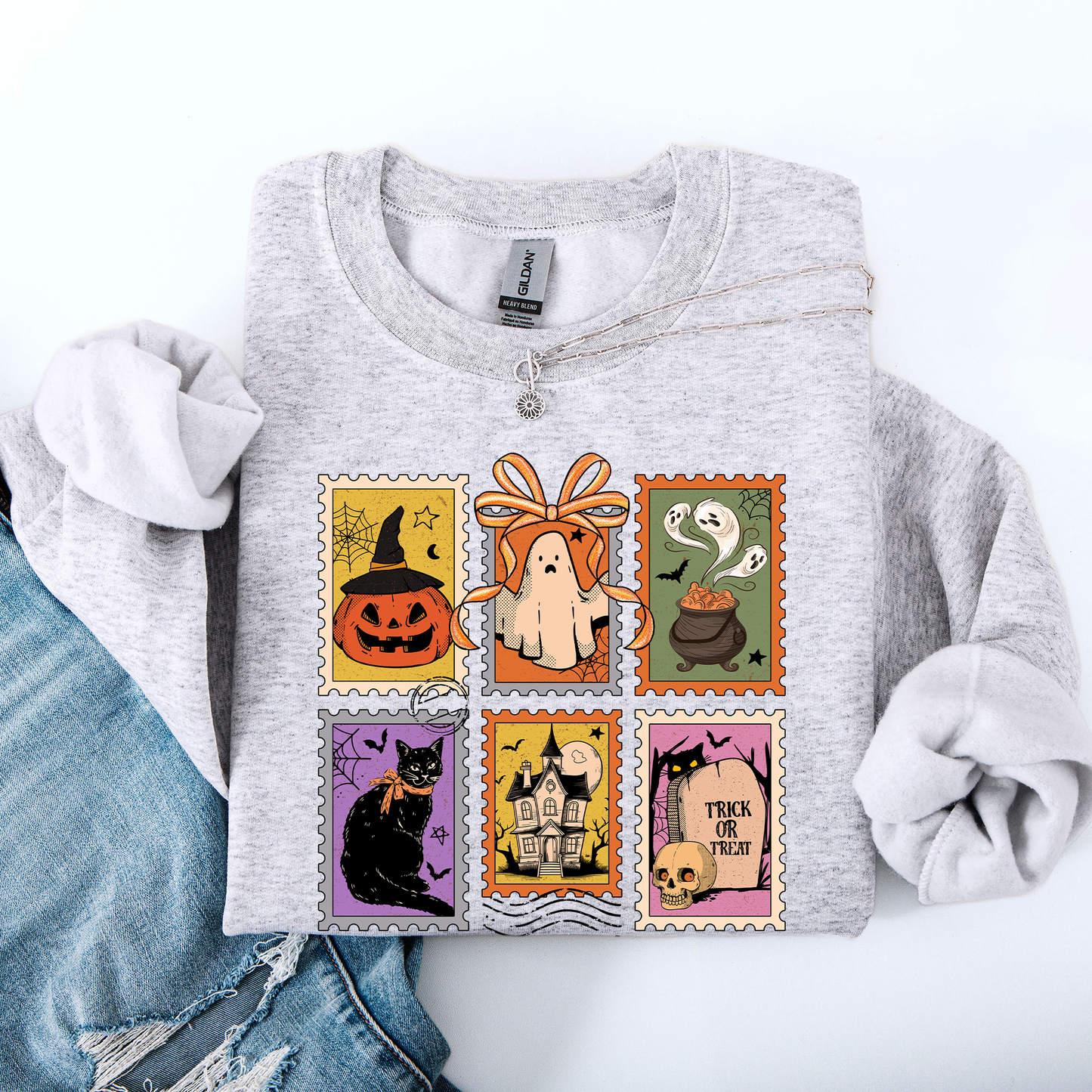 Halloween Classic Sweatshirt with Ghost, Black Cat, Pumpkin & Witch Design