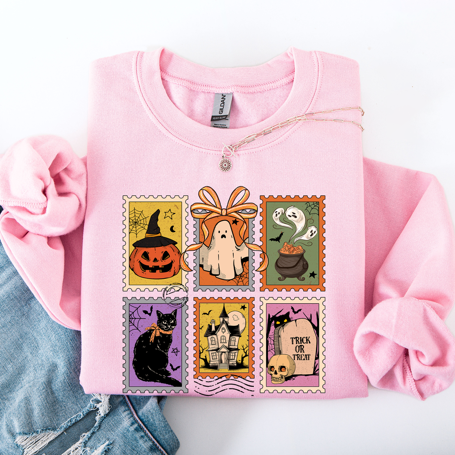 Halloween Classic Sweatshirt with Ghost, Black Cat, Pumpkin & Witch Design
