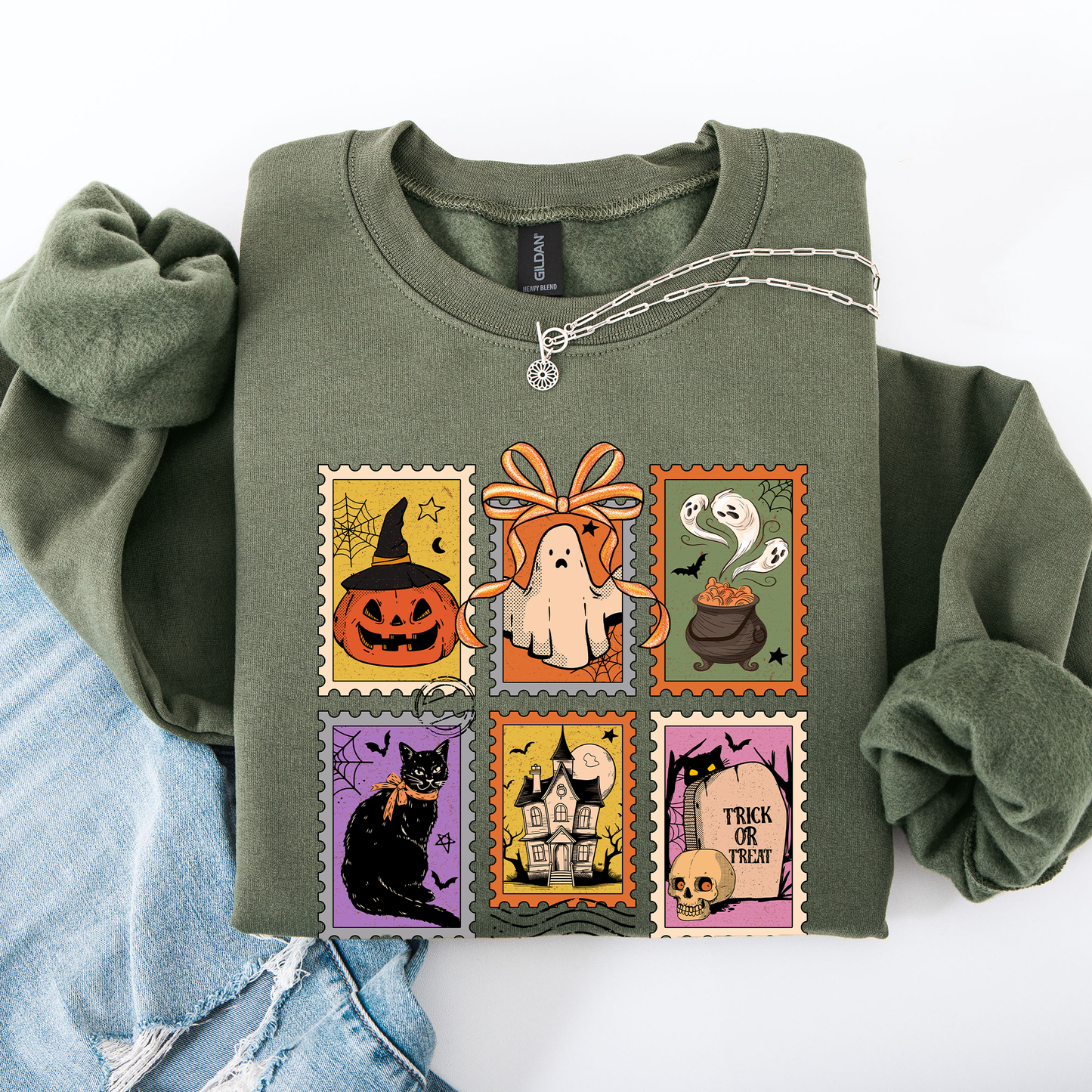 Halloween Classic Sweatshirt with Ghost, Black Cat, Pumpkin & Witch Design
