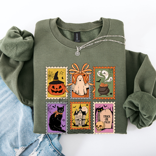 Halloween Classic Sweatshirt with Ghost, Black Cat, Pumpkin & Witch Design