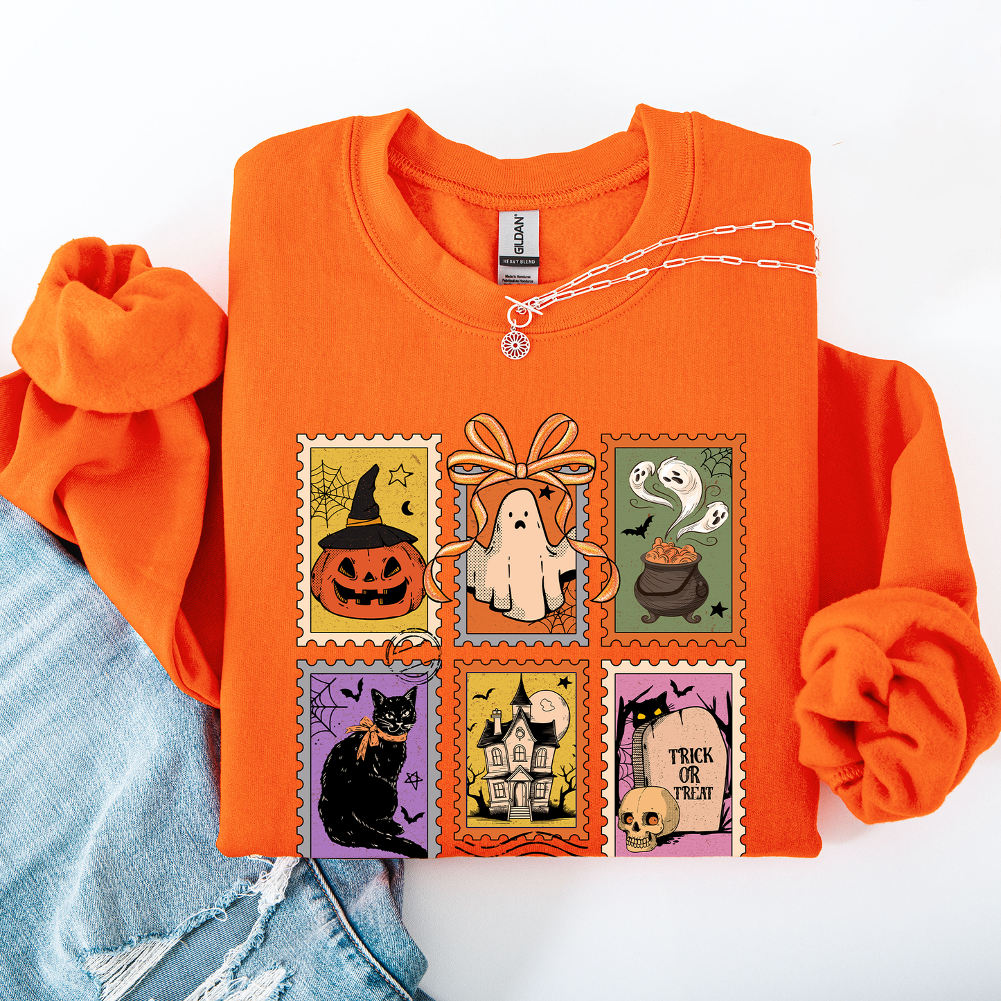 Halloween Classic Sweatshirt with Ghost, Black Cat, Pumpkin & Witch Design