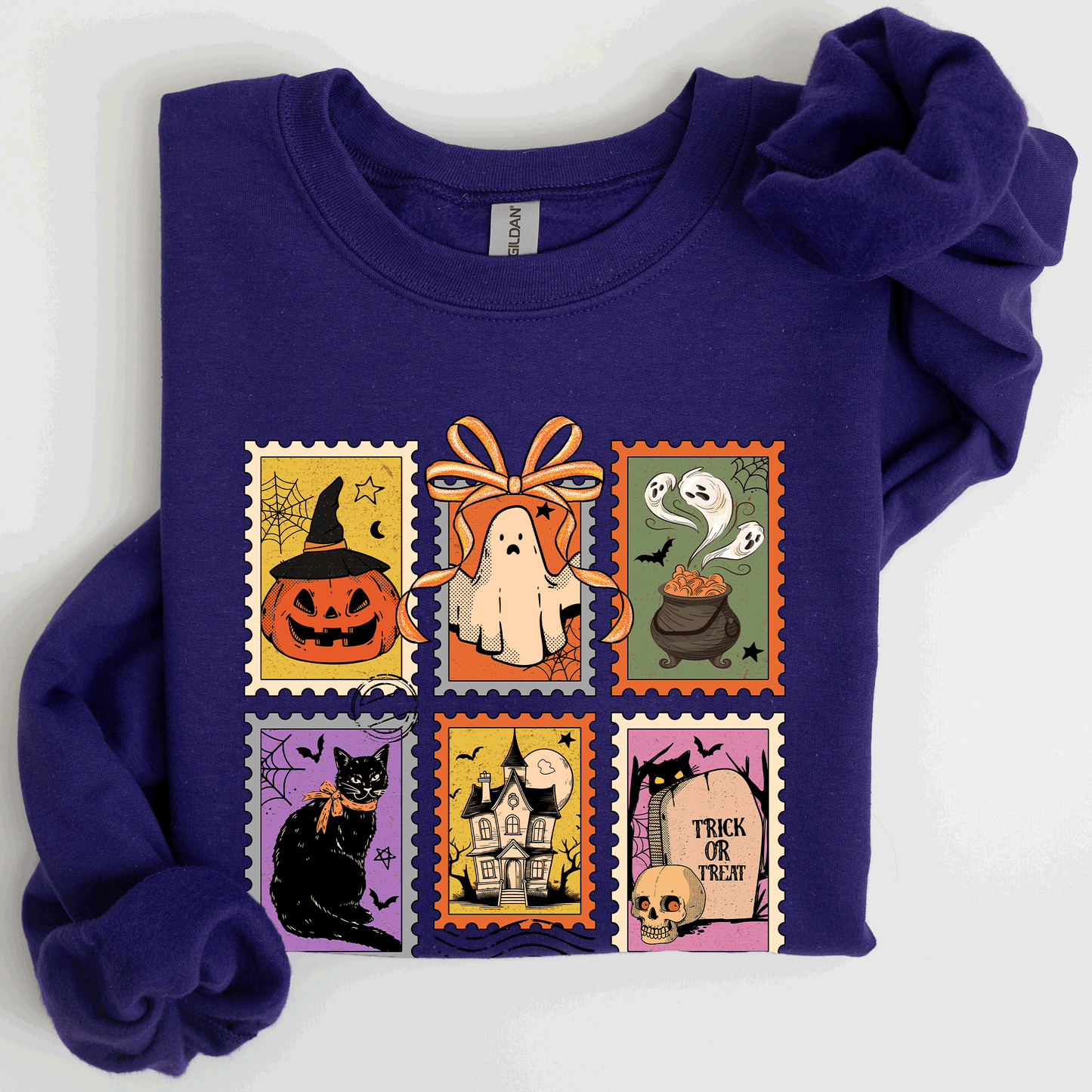 Halloween Classic Sweatshirt with Ghost, Black Cat, Pumpkin & Witch Design