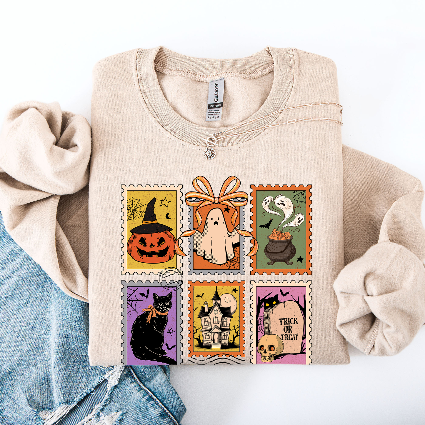 Halloween Classic Sweatshirt with Ghost, Black Cat, Pumpkin & Witch Design