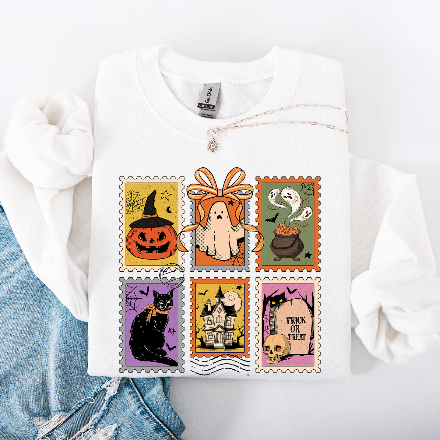 Halloween Classic Sweatshirt with Ghost, Black Cat, Pumpkin & Witch Design