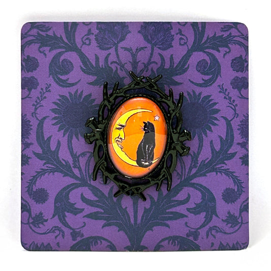 Vintage Halloween Cat on Moon Handmade Cameo Brooch Antique Silver