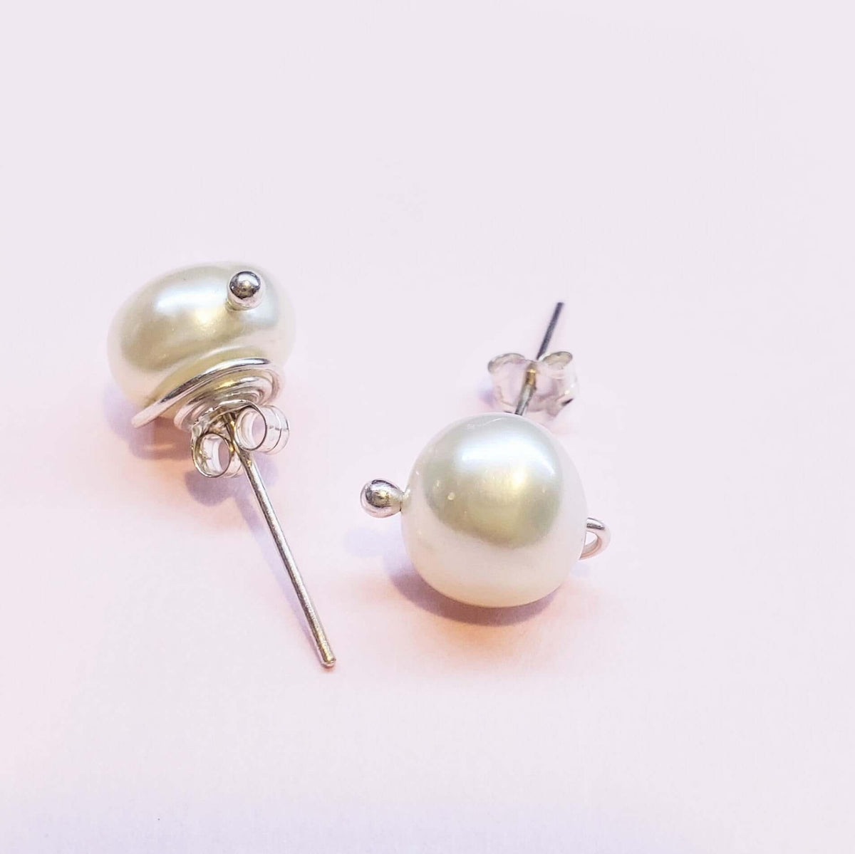10mm Lustrous Baroque Freshwater Pearl Silver Spiral Studs Handmade