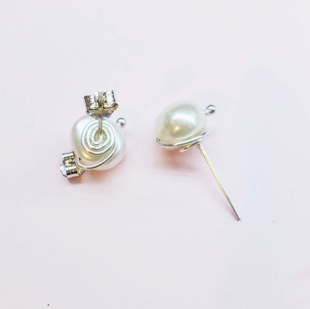 10mm Lustrous Baroque Freshwater Pearl Silver Spiral Studs Handmade