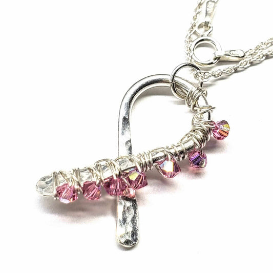 Breast Cancer Awareness Pink Crystal Ribbon Necklace Handmade 2025