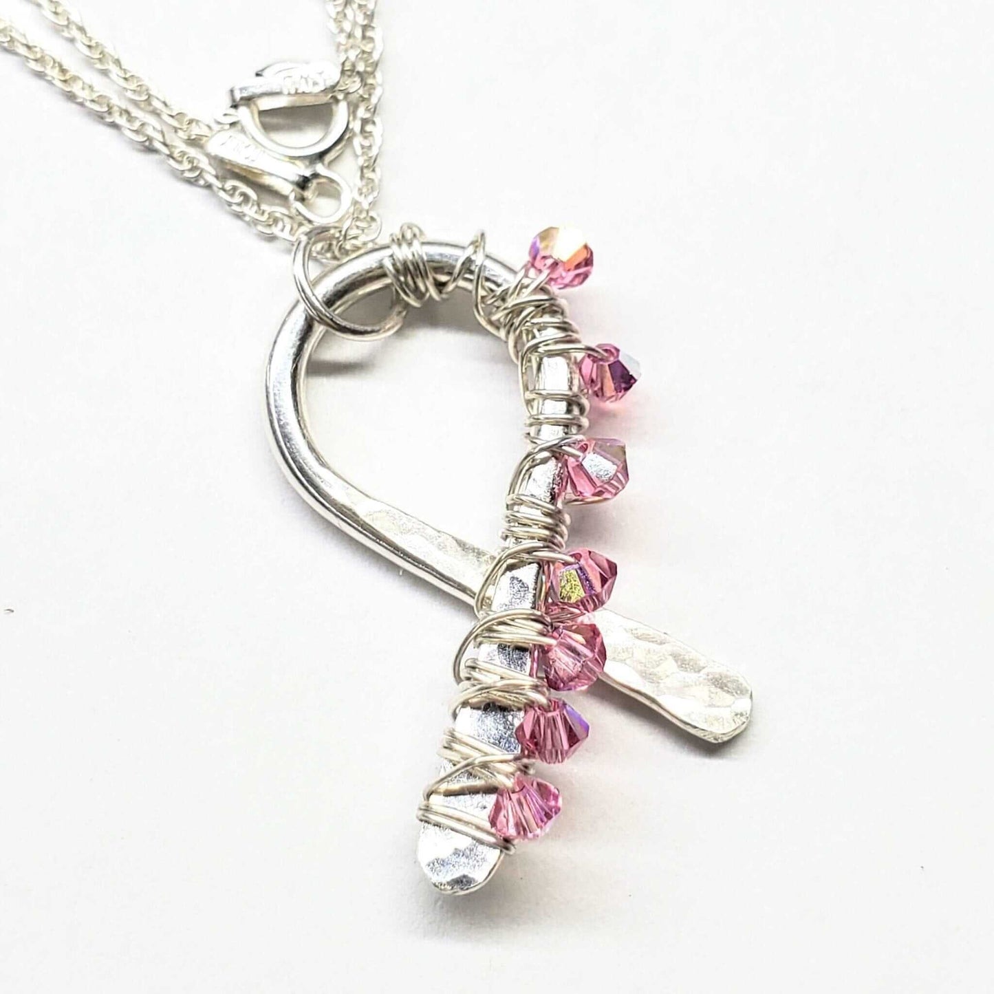 Breast Cancer Awareness Pink Crystal Ribbon Necklace Handmade 2025