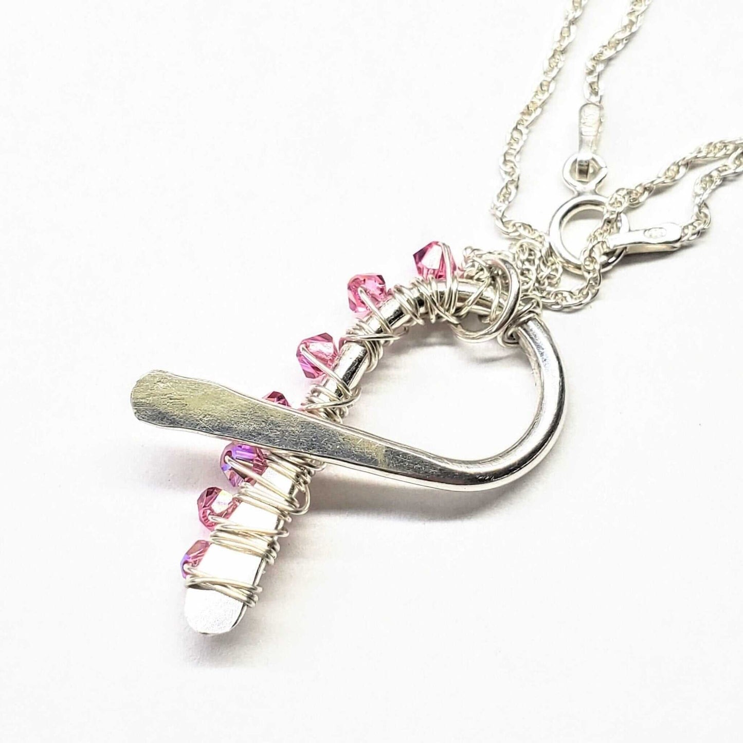 Breast Cancer Awareness Pink Crystal Ribbon Necklace Handmade 2025