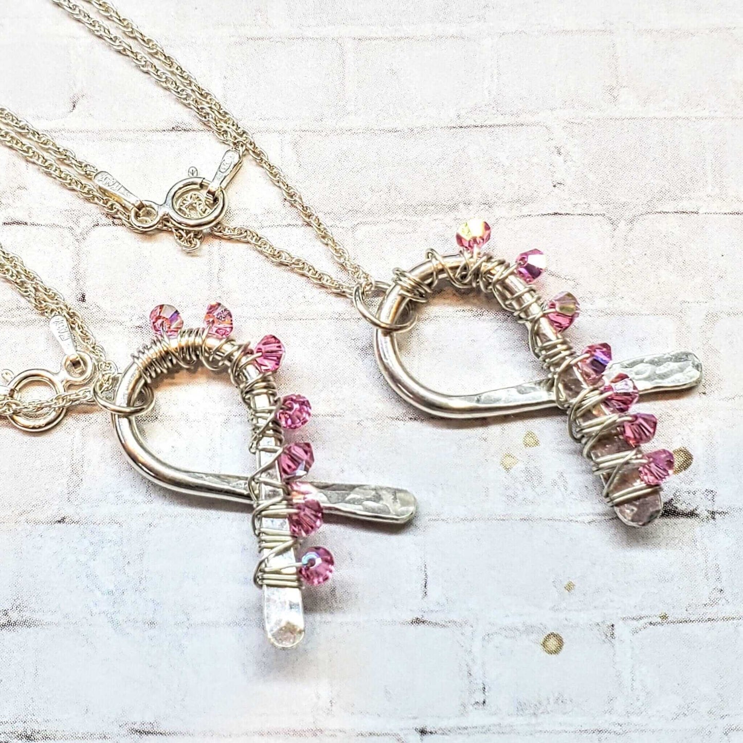Breast Cancer Awareness Pink Crystal Ribbon Necklace Handmade 2025
