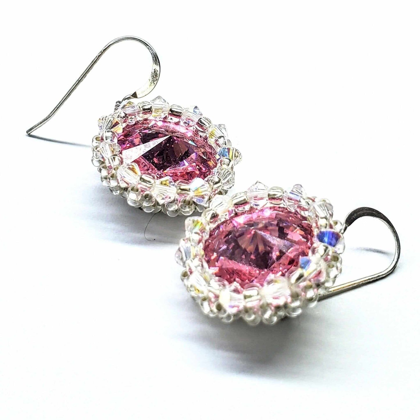 Handmade Beaded Bezel Pink Crystal Halo Earrings Swarovski