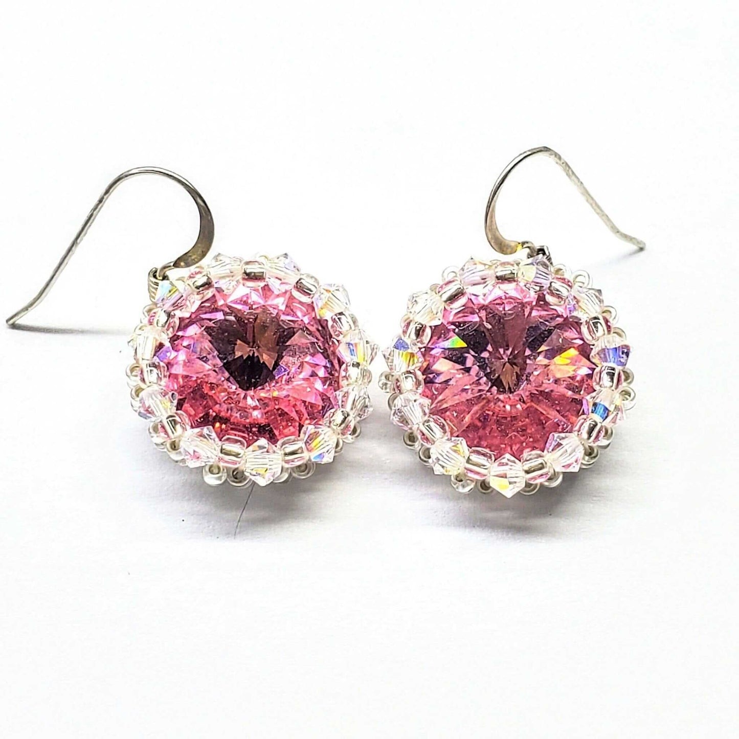 Handmade Beaded Bezel Pink Crystal Halo Earrings Swarovski