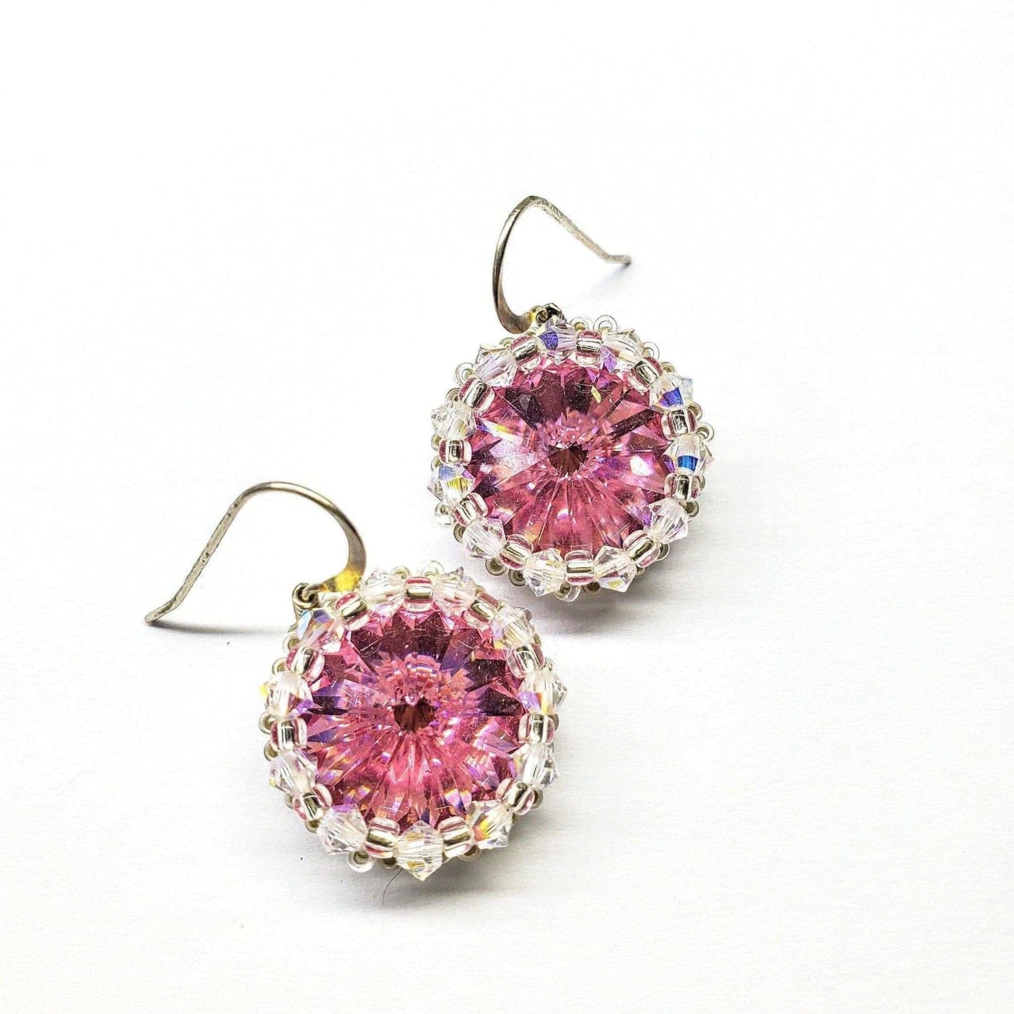 Handmade Beaded Bezel Pink Crystal Halo Earrings Swarovski