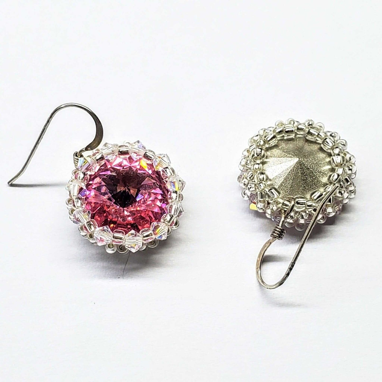 Handmade Beaded Bezel Pink Crystal Halo Earrings Swarovski