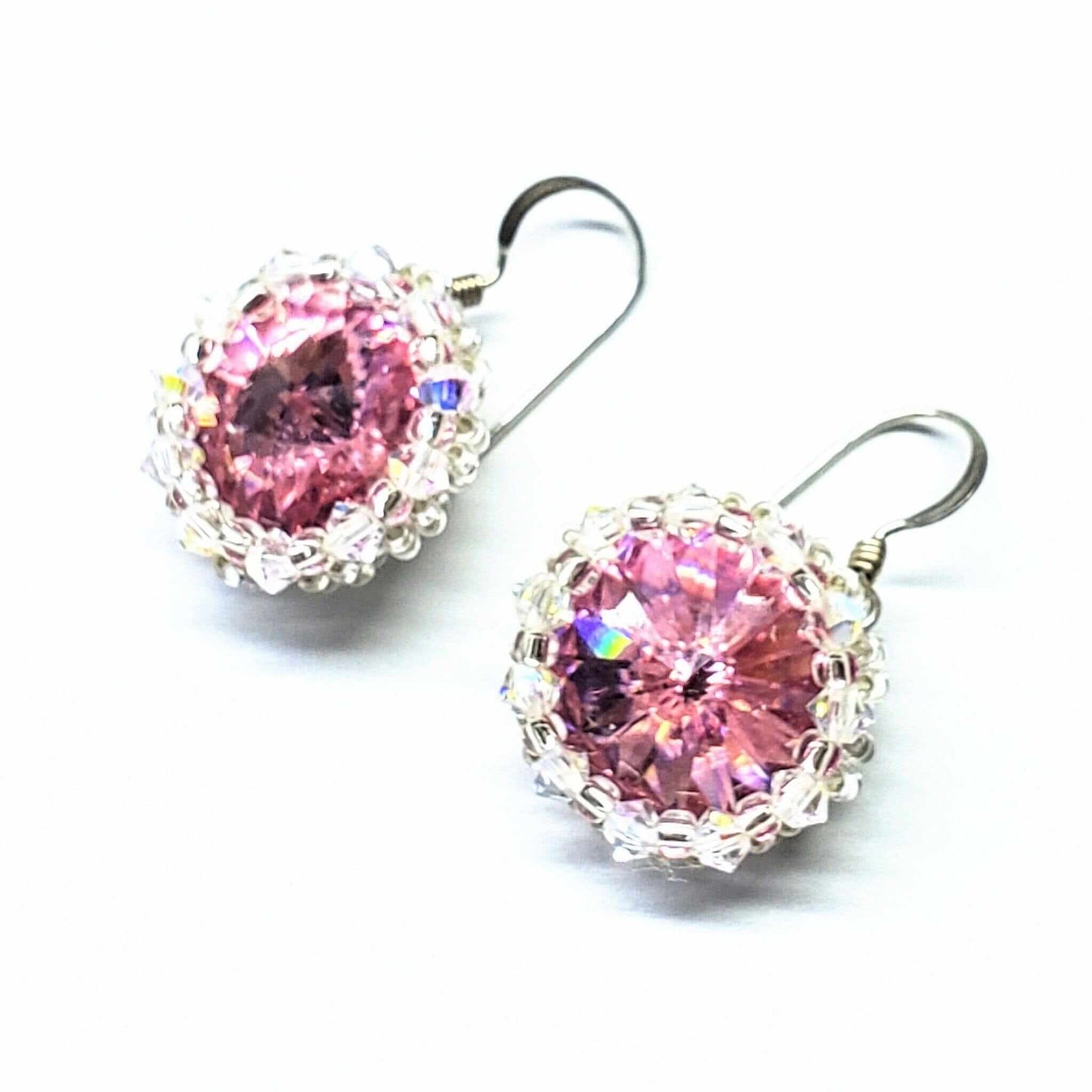 Handmade Beaded Bezel Pink Crystal Halo Earrings Swarovski