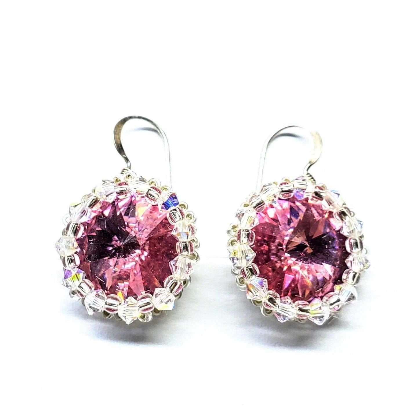 Handmade Beaded Bezel Pink Crystal Halo Earrings Swarovski